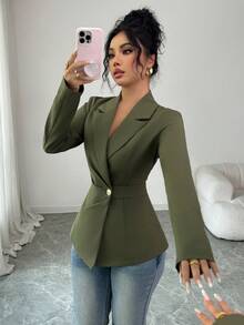 SHEIN Elenzya Women's Elegant Military Green Cinched Waist Regular Blazer Jacket, Suitable For Dates, Parties, And Everyday Wear, Autumn/Winter - Army Green - View 4