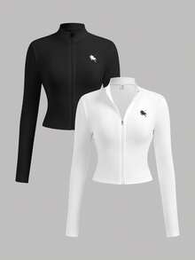 SHEIN Teen Girl Knight Print Long Sleeve Zip Collar Fitted T-Shirt - Black and White - View 1