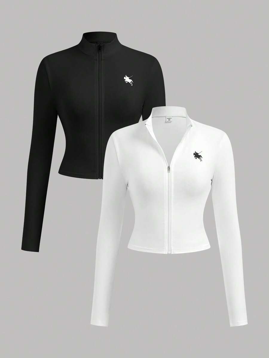SHEIN Teen Girl Knight Print Long Sleeve Zip Collar Fitted T-Shirt - Black and White - View 1