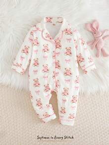 Cozy Pixies Bộ đồ liền thân dài tay dệt kim họa tiết gấu hoạt hình cho bé gái, đa năng và thoải mái - Hồng - Xem 7