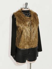 SHEIN ICON Plus Size Vintage Brown Faux Fur Sleeveless Jacket, Autumn/Winter Fur Vest Coat Women Western Vest Fur Coat Women - Camel - View 8