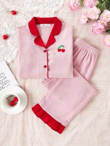 2pcs/Set Girls' Minimalist Cherry Embroidery Ruffle Trim Comfortable Loose Pajama Set