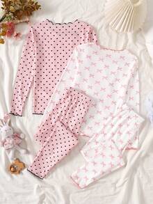 SHEIN 4pcs Tween Girls' Soft & Comfortable Pajama Set With Pink Bow & Black Polka Dot Print, Long Sleeve Top And Pants, Autumn/Winter Home Wear Girls Pajama Set Heart Print Pajama Set Two Piece Sleep Set Girls Sleepwear Bows Pajama Set