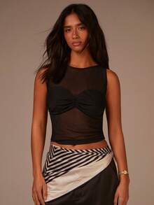 Athîral Women's Sexy Mesh-Panel Crop Top, Sexy See-Through Tank Top, Party, Date Night, Cute, Sexy Nightclub Top, Outdoor Top, Summer Top, Cute Top, Women's Summer, Summer Top Style - Black - View 1