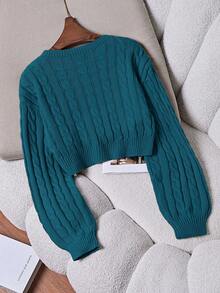 Franclia Plain Crew Neck Twist Knit Casual Pullover Sweater - Olive Green - View 2