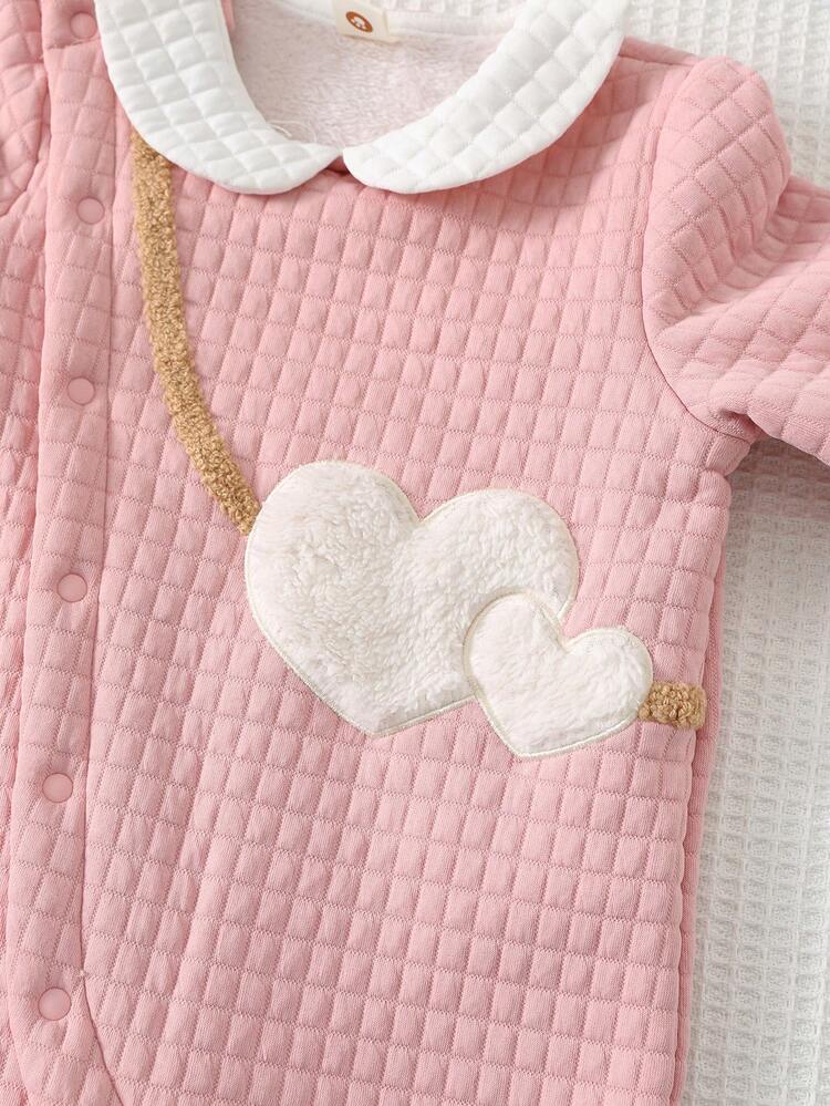 Cozy Pixies جمبسوت بناتي صغير حلو بأكمام طويلة باللون الوردي مع تصميم كتل لونية وياقة ورقع قلب من البوليستر الناعم - وردي - مشاهدة 5