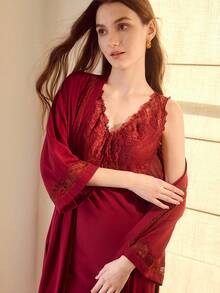 PREMIUM 对比色蕾丝腰带长袍 - 酒紅色 - 查看 6
