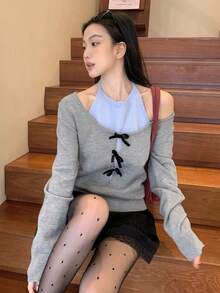 DAZY Sweater Rajut 2 in 1 Kasual Longgar Elegan dengan Hiasan Pita untuk Wanita, Musim Gugur/Dingin - Grey - View 6