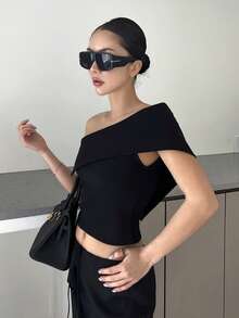 DAZY Áo thun trơn màu trơn vai chéo thường ngày mùa hè dành cho nữ - màu đen - Xem 9