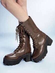 Sugerpunk 女士时尚棕色厚底摩托车中筒靴，街头风格 - 棕色 - 查看 9