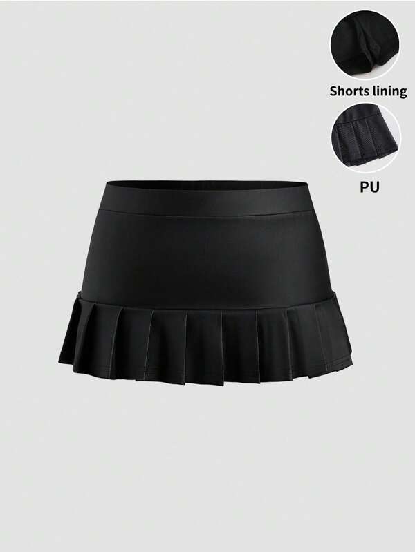 SHEIN Unity Minifalda plisada con volantes de cintura baja, forro de tela elástica y cuero sintético negro. Moda de otoño/invierno para mujer, adecuada para ir al trabajo, la escuela, graduaciones, salidas elegantes y uso diario.