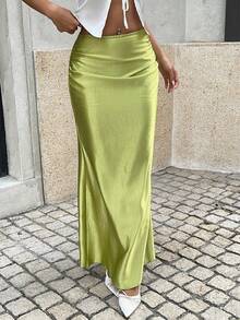 SHEIN Unity Women's Green Low-Waist Satin Mermaid Skirt, Versatile Fashion Staple, Suitable For Party, Date, Beach, Holiday, Sexy & Charming, Autumn, Back To School, Christmas - Green - View 5