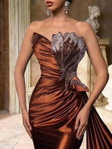 Glamrae Elegant Luxurious Beaded & Sequin Patchwork Elastic Satin Ruched Side Slit Fishtail Skirt, Suitable For Weddings, Parties, Vacations, Galas, Evening Dresses (Heavy Embellishment) - Coffee Brown - View 2