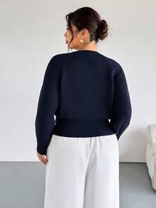 Firerie Plus Size Solid Color Front Button Long Sleeve Casual Knit Cardigan In Fall/Winter Navy Blue Old Money Office - Navy Blue - View 2