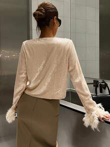 Livesso Women's Elegant Sequin Patchwork Fluffy Blouse, Suitable For New Year, Christmas, Wedding, Party, Ball, Autumn/Winter Long Sleeve Women Glitter Top - Champagne - View 5