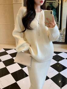 DAZY 女士优雅针织毛衣半裙两件套，适合秋冬季、新年、圣诞节、婚礼等场合。 - 米色 - 查看 7