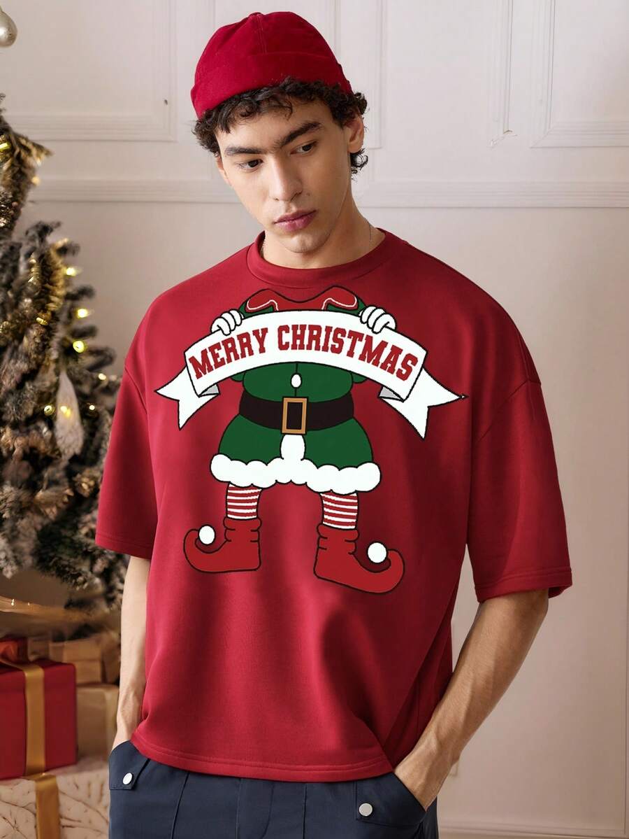 SWAVVY Áo phông Giáng sinh Áo phông thường ngày nam Áo phông ngày lễ - Đỏ - Xem 1