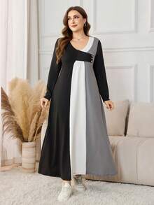 Lacomfia Vestido holgado de manga larga con cuello en V y bloque de color, talla grande, primavera/otoño - Multicolor - Ver 3