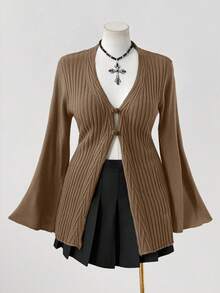 Sunspun Áo len cardigan dệt kim cài nút phong cách Bohemian cỡ lớn dành cho nữ, phù hợp với mọi mùa, lý tưởng cho trang phục đi nghỉ - Màu Khaki - Xem 6