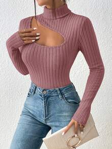 SHEIN Frenchy Cut Out Turtleneck Asymmetrical Top Textured Fabric Tee Christmas Spring - Red Violet - View 4