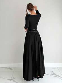 Siren Gaze 2025秋冬新款百褶裙，高腰A字裙，双腰带设计，侧开衩口袋，复古风格长裙，优雅正式休闲工作派对皆宜，适合通勤/商务/外出/教师/日常穿着，秋冬必备单品，黑色长裙 - 黑色 - 查看 4