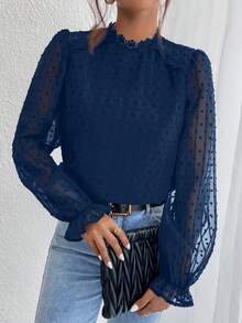 SHEIN Frenchy Áo sơ mi nữ cổ đứng, ren, tay áo raglan, dáng rộng, trong suốt, thường ngày - Màu xanh hải quân - Xem 5