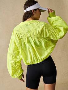 VARSIVA Fluorescent Yellow Casual Pleated Zipper Drawstring Hem Windproof Sports Jacket. - Green - View 9