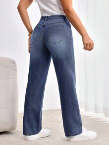 EMERY ROSE 女式不对称腰部口袋直筒宽松牛仔裤 - 深色水洗藍 - 查看 2