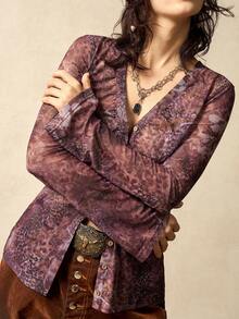 Bohemela 女士休闲针织长袖V领上衣，花卉豹纹网纱印花，纽扣前襟豹纹印花冬季女装上衣假日 - 彩色 - 查看 3