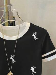 Resyla Women's Casual Commuting Rider Embroidery Contrast Striped Trim Short Sleeve Loose T-Shirt, Summer - Multicolor - View 5