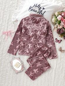 Set Musim Dingin 2pcs/Set Cardigan Lengan Panjang dan Celana Motif Bunga Pita Beludru Lucu, Pakaian Santai Nyaman untuk Anak Perempuan - MultiWarna - View 2