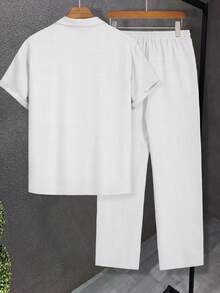 Manfinity Homme Men's Summer Casual Solid Color Loose Fit Drop Shoulder Short Sleeve Shirt And Long Pants Set Men Summer Pants Set Men Resort Outfit Men Co Ord Set