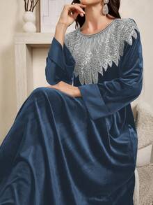 Al Najma Women's Splice Sequin Mesh Crew Neck Long Sleeve Loose Elegant Dress, Modest Elegant Kaftan Arabian Dresses, For Evening Party/Wedding Guest/Anniversary - Blue - View 4