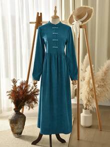 Rusticease 女士休闲纯色立领长裙 - 湖藍色 - 查看 3