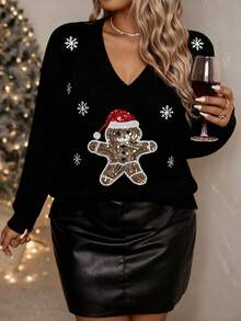 EMERY ROSE Suéter plus size de cor sólida com decote em V e bordado de boneco de neve natalino com lantejoulas. Suéter de tricô casual e elegante para o Natal, volta às aulas, férias, escritório e outono/inverno.