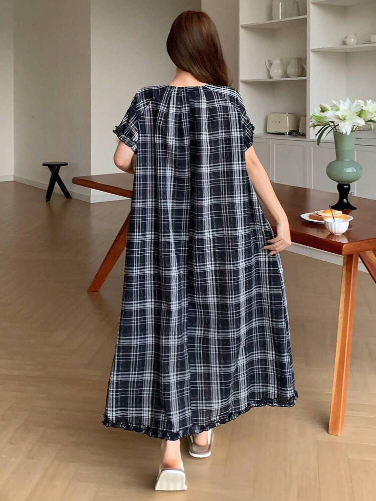 Plaid Ruched Design Frill Trim Loose Fit Women Casual Dress