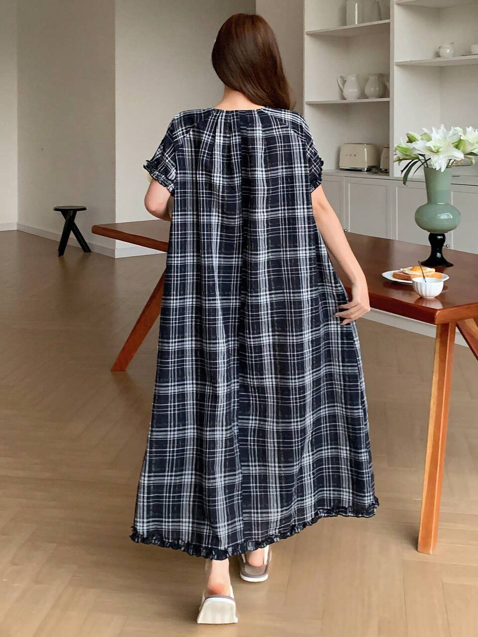 Plaid Ruched Design Frill Trim Loose Fit Women Casual Dress Pajamas