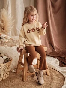 Loomiva 2件套少女花卉印花针织柔软圆领长袖运动衫和松紧腰裤 - 彩色 - 查看 5