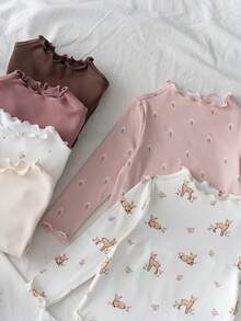 Loomiva 6pcs Baby Girl Floral Print Soft Knit Crew Neck Long Sleeve Ruffle Hem Tops Set - Multicolor - View 6