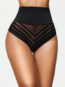 SHAPORA Women's High Waist Black Panty With Mesh Striped Splice, Fashionable Slimming, Suitable For Daily Commute And Fitness - Black - View 5