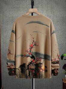 Manfinity Homme 男士休闲日常通勤及度假宽松植物图案毛衣，秋冬季棕褐色图案衬衫圆领毛衣，长袖上衣 - 駝色 - 查看 2