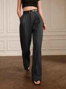 Anewsta Petite 优雅通勤中腰褶裥设计女士西装裤，纯色直筒裤，娇小款，深灰色 - 深灰色 - 查看 1