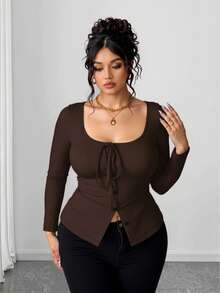 Elenzga Camiseta casual con lazo delantero y botones, talla grande - Marrón - Ver 3