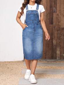 EMERY ROSE Plus Size Women Casual Pocket Design Denim Pinafore Dress - Blue - View 1