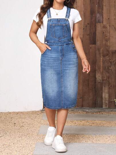 EMERY ROSE Plusstorlek Dam Casual Pocket Design Denim Pinafore Klänning