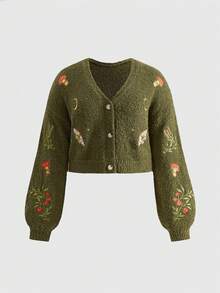 ROMWE Fairycore 大码女式蘑菇刺绣落肩长袖休闲针织开衫，秋冬 - 墨綠色 - 查看 5