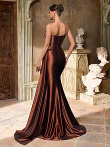 Glamrae Elegant Luxurious Beaded & Sequin Patchwork Elastic Satin Ruched Side Slit Fishtail Skirt, Suitable For Weddings, Parties, Vacations, Galas, Evening Dresses (Heavy Embellishment) - Coffee Brown - View 5