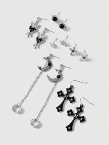 ROMWE Goth 6 对哥特式十字架、向日葵、五角星、新月、乌鸦、五角星、骷髅设计万圣节时尚耳环套装 - 彩色 - 查看 13