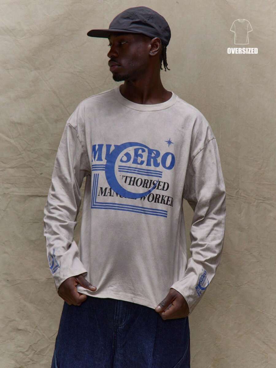Musero Camiseta oversized de manga comprida com estampa gráfica frontal para outono, verão e primavera. - Damasco - Ver 1