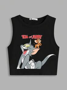 TOM & JERRY X SHEIN Plus Size Cartoon Printed Tank Top For Summer Suitable For Going Out - Black - View 1
